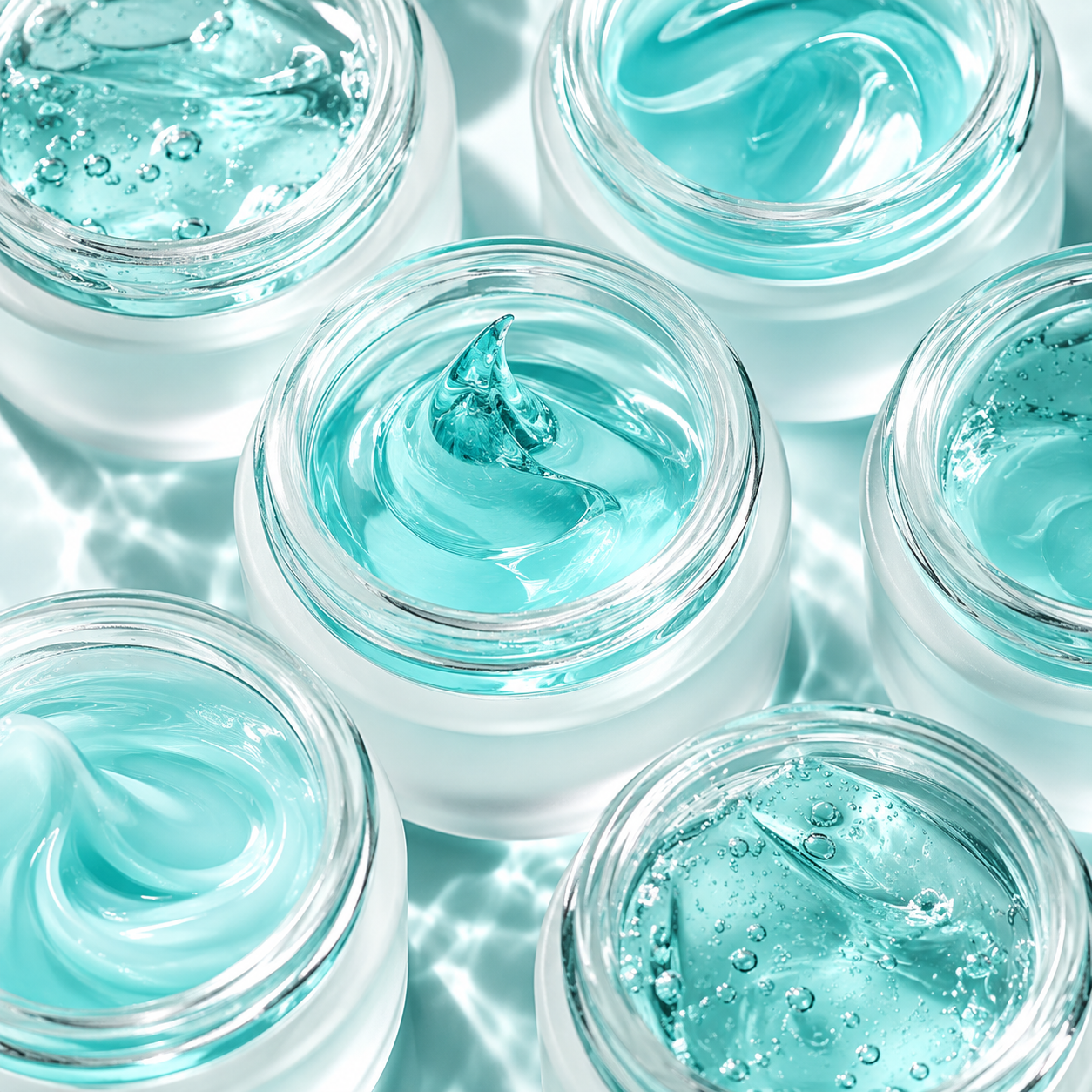 Textures de soin turquoise dans des pots en verre